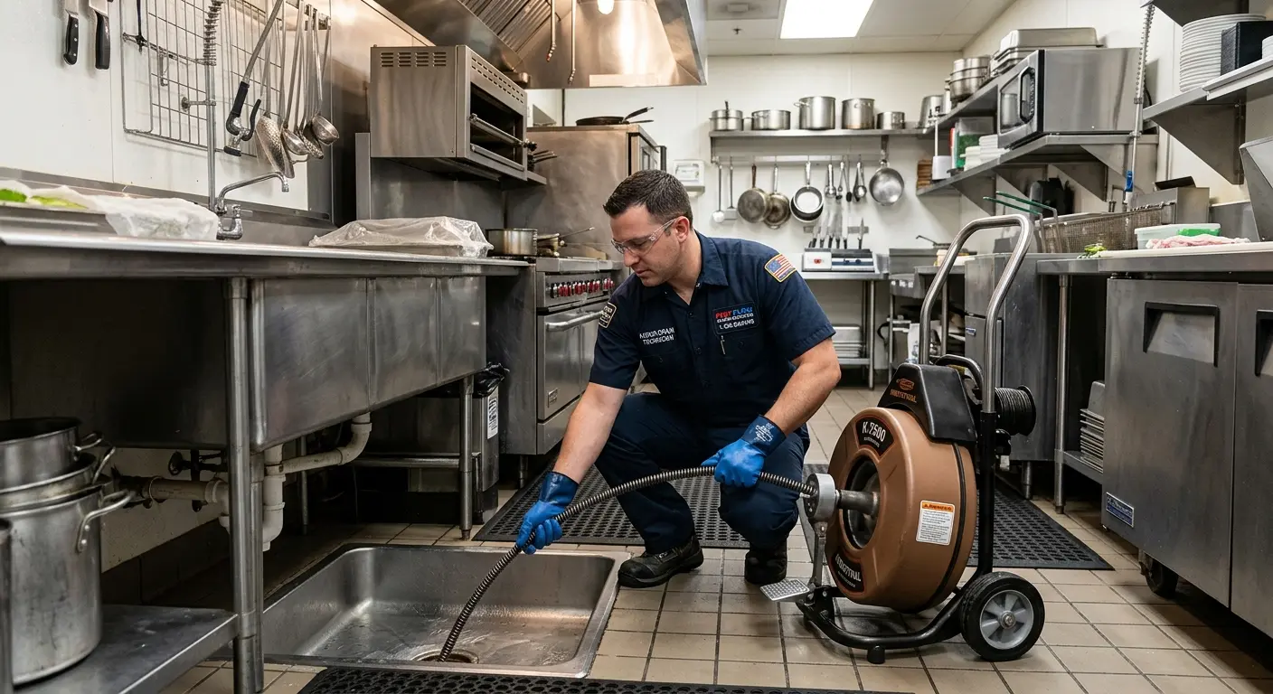 Commercial drain cleaning service in a restaurant kitchen in Clinton